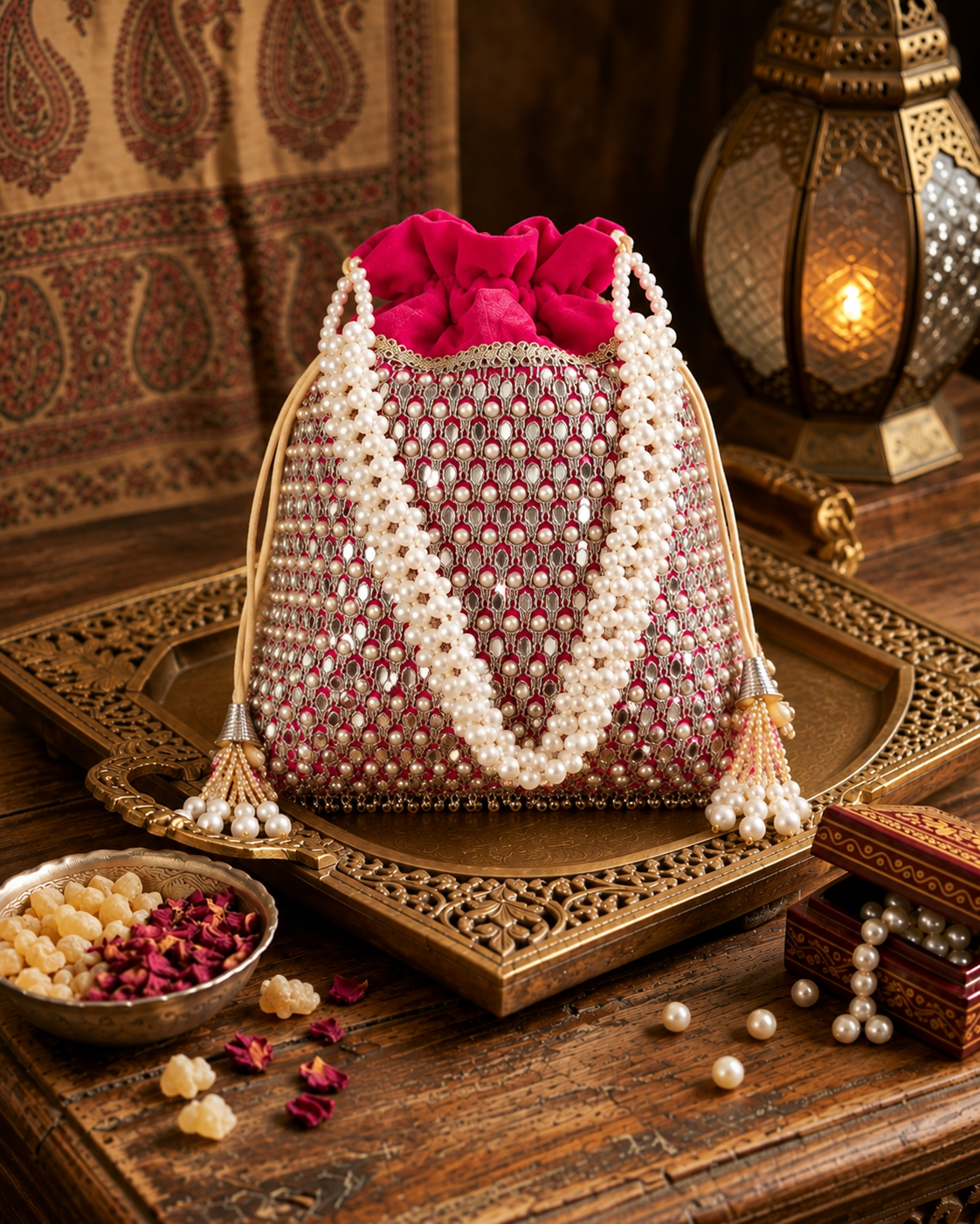 Pink Aarshita Ethnic Mirror Pearl Batua Bag