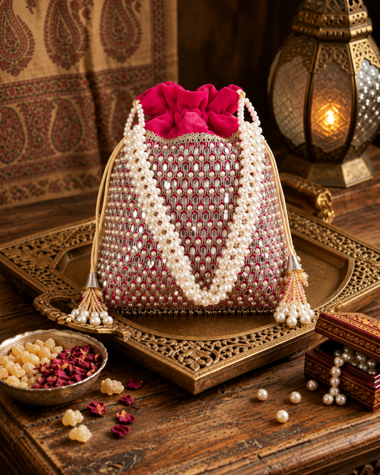 Pink Aarshita Ethnic Mirror Pearl Batua Bag