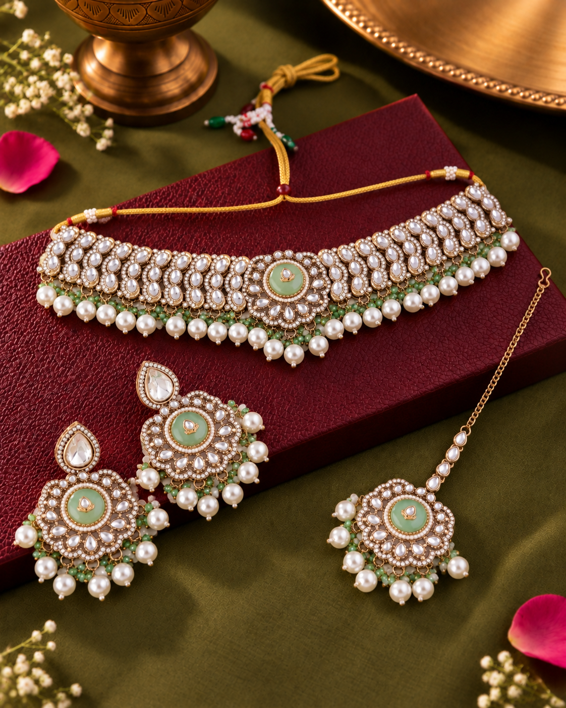 Mint Saadika Premium Sabya Inspired Monalisa Necklace Set with Earring & Teeka