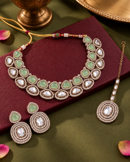 Mint Rajnivanshi Premium Polki Dupe Necklace with Earring and Teeka