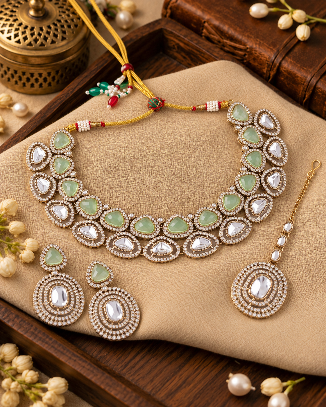 Mint Rajnivanshi Premium Polki Dupe Necklace with Earring and Teeka