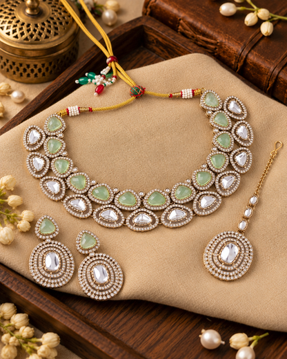 Mint Rajnivanshi Premium Polki Dupe Necklace with Earring and Teeka