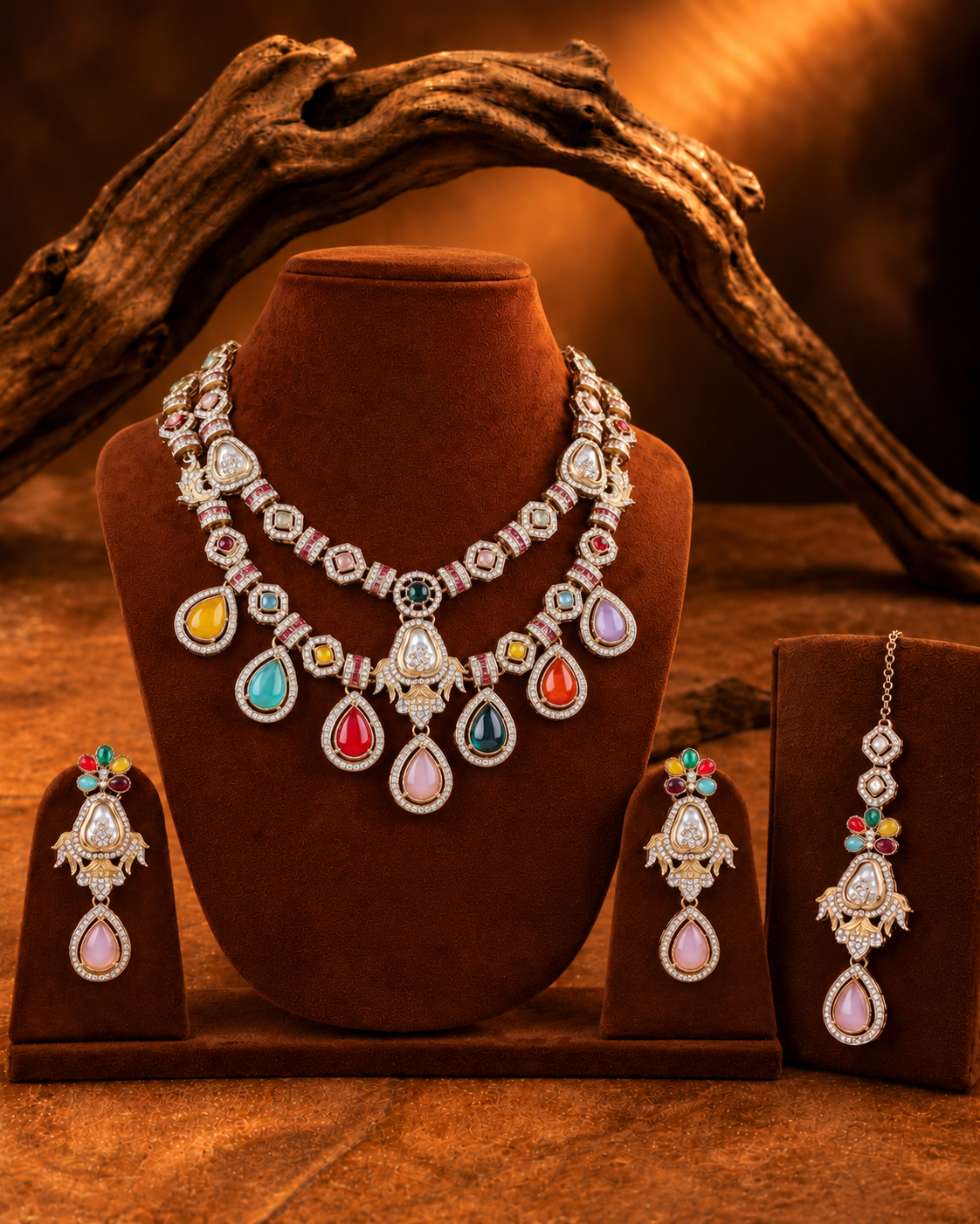 Blush Multi Amrita Premium Sabya Inspired Necklace Set with Earring & Teeka