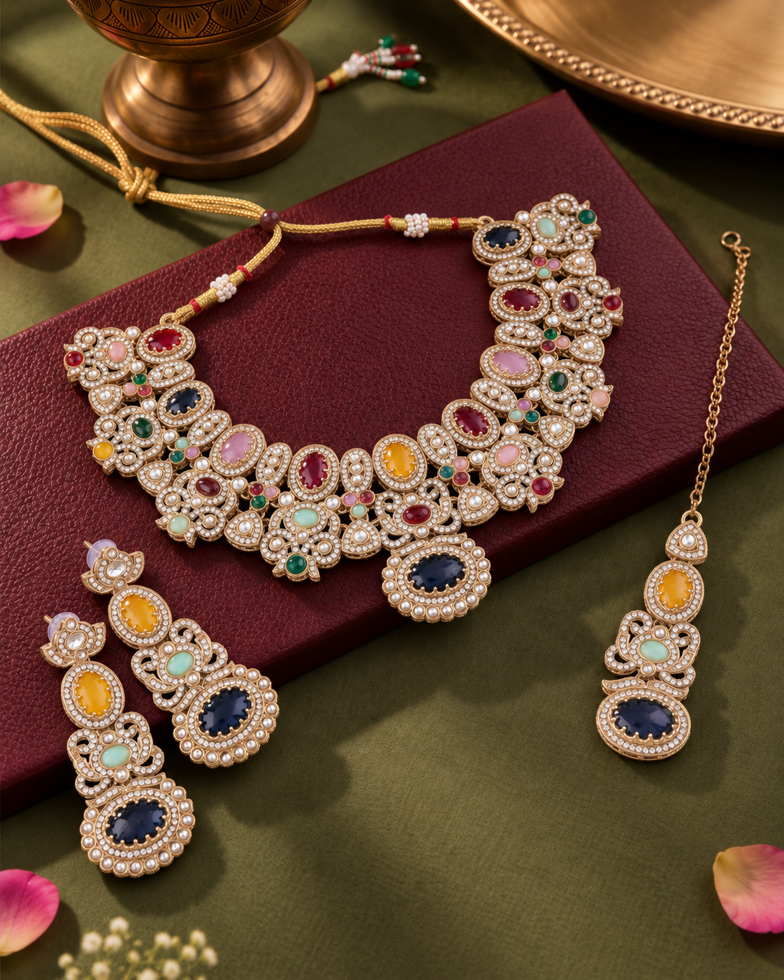 Multi Arshana Premium Sabya Inspired Necklace Set with Earring & Teeka
