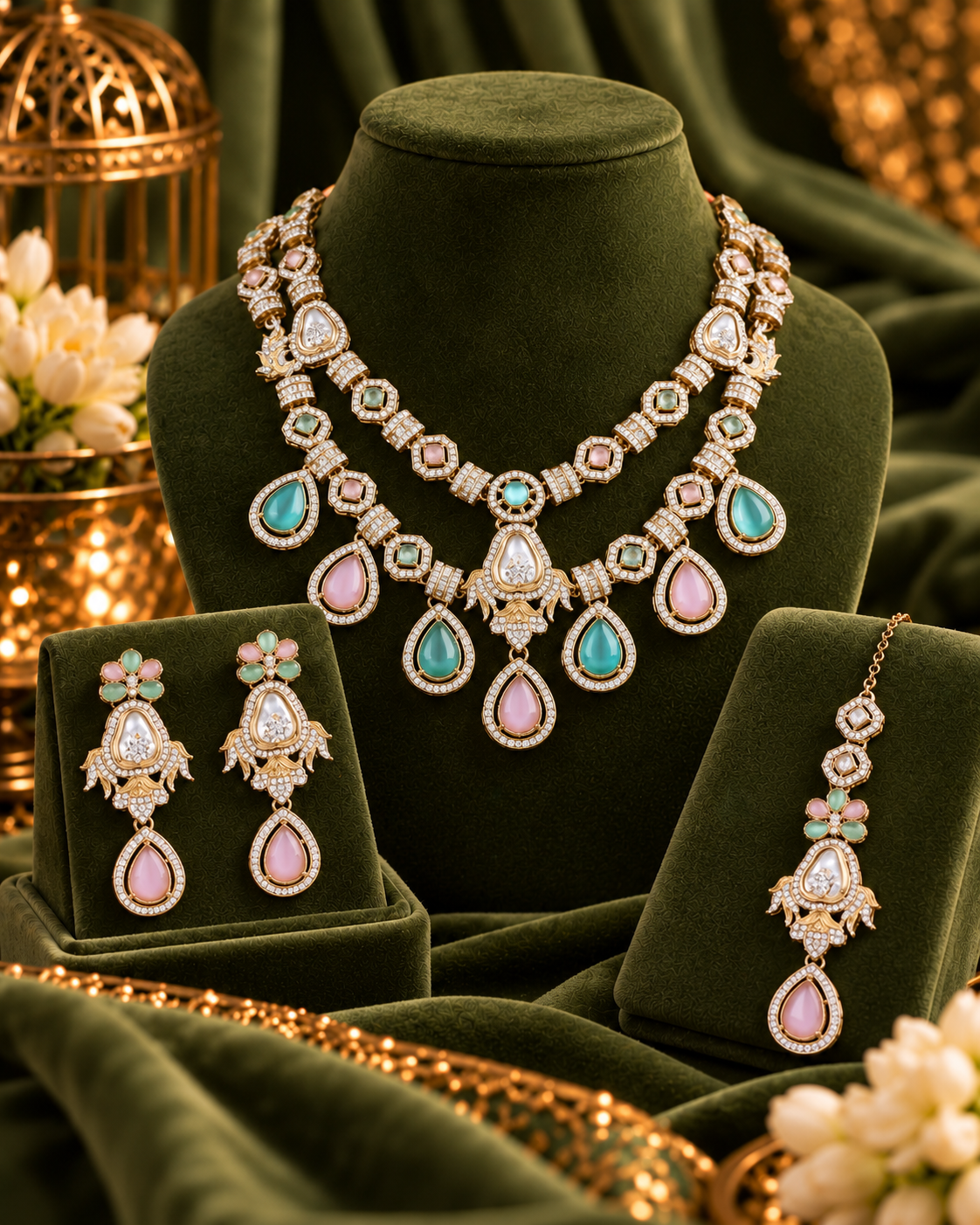 Pastel Amrita Premium Sabya Inspired Necklace Set with Earring & Teeka