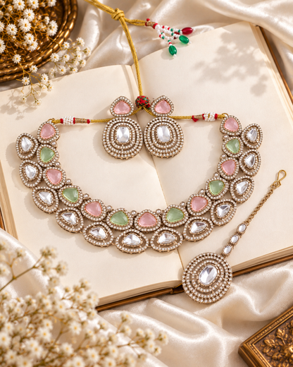 Pastel Rajnivanshi Premium Polki Dupe Necklace with Earring and Teeka