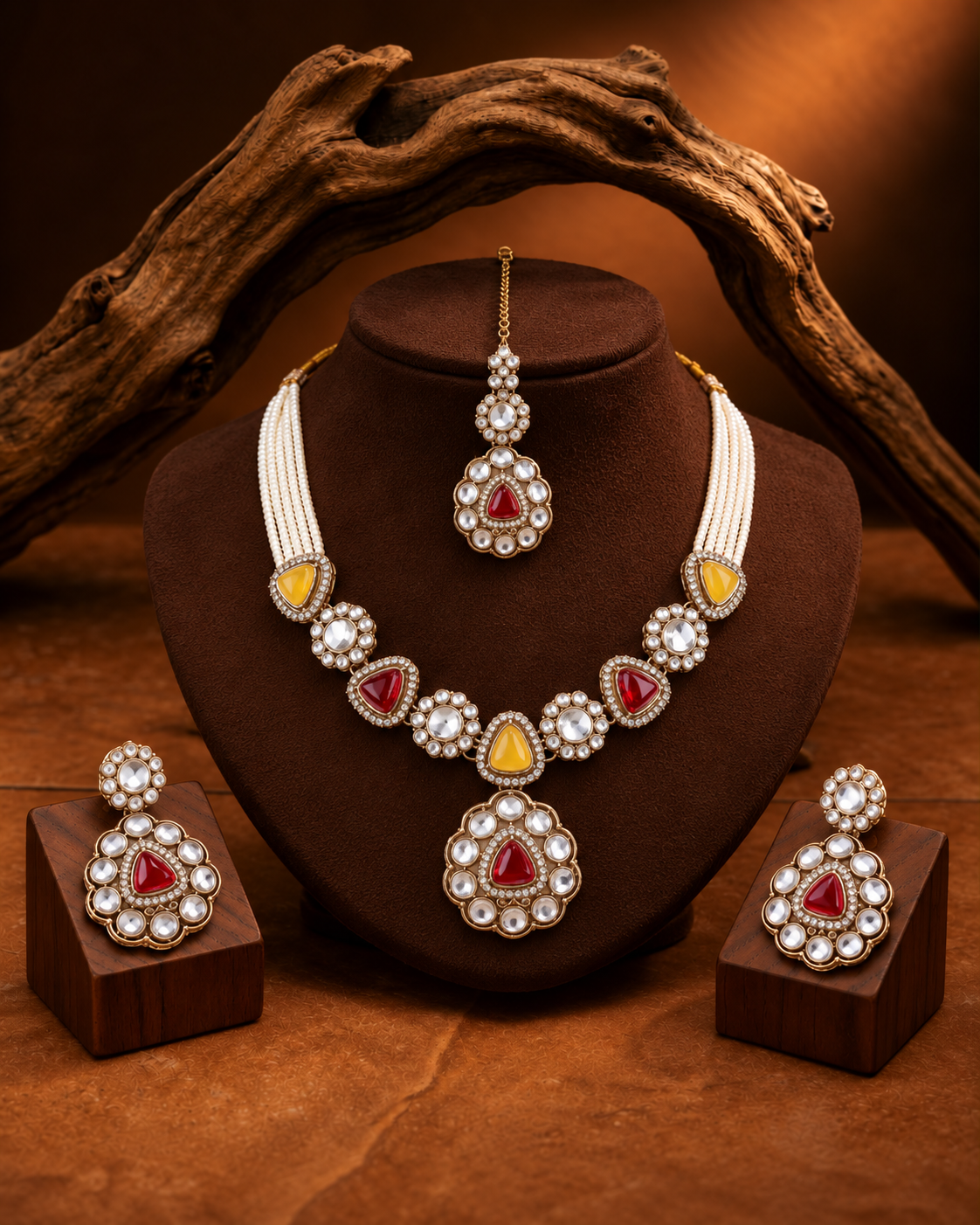 Red Yellow Jasneet Premium Zircone Polki Dupe Necklace Set With Earrings & Teeka
