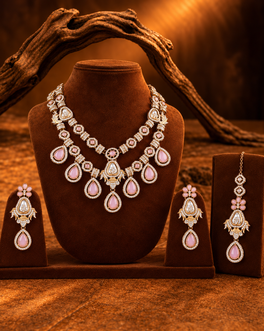 Blush Amrita Premium Sabya Inspired Necklace Set with Earring & Teeka