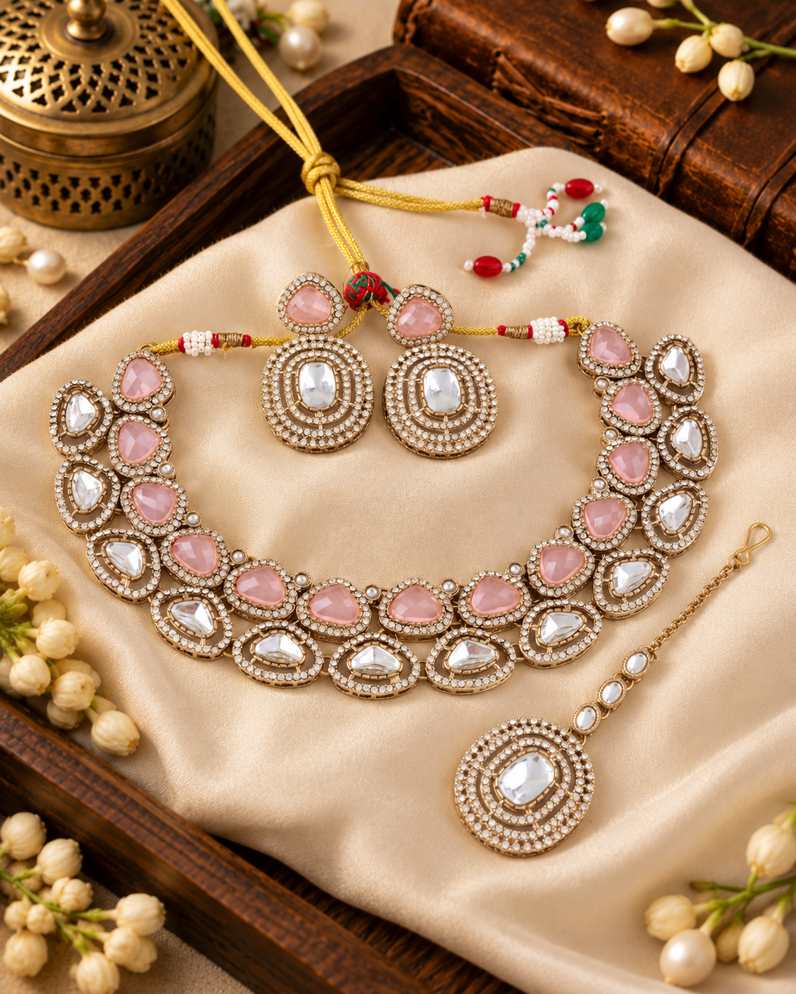 Blush Rajnivanshi Premium Polki Dupe Necklace with Earring and Teeka