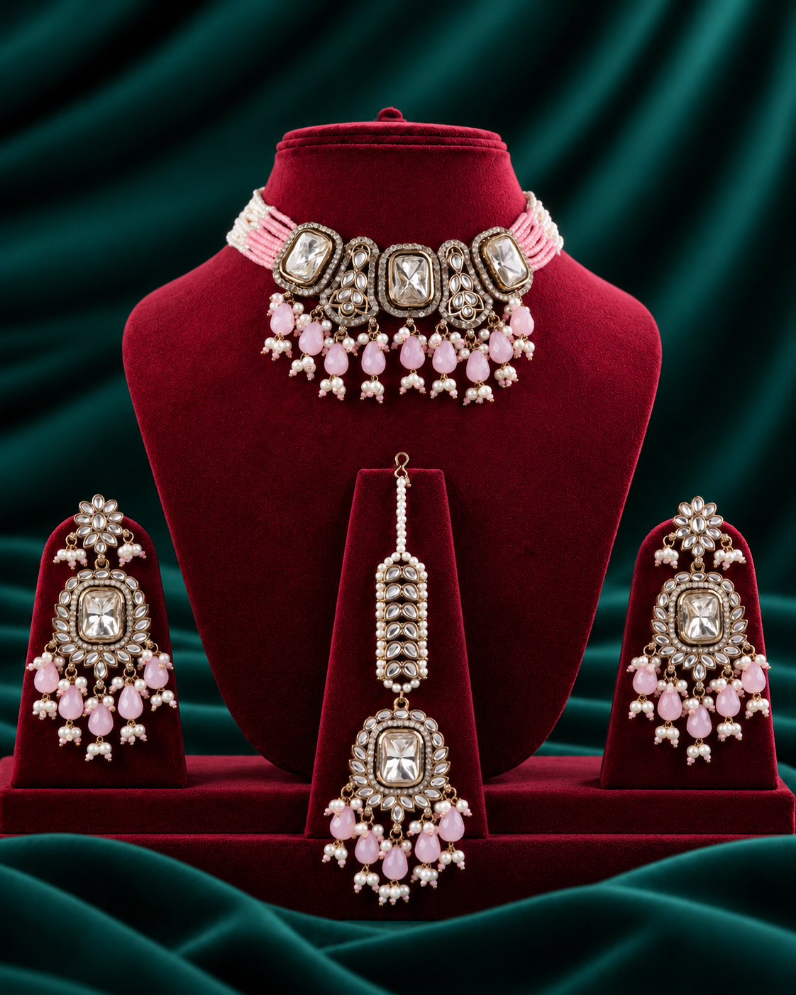 Blush Vrishtika Premium Polki Dupe Choker Necklace With Earring & Teeka