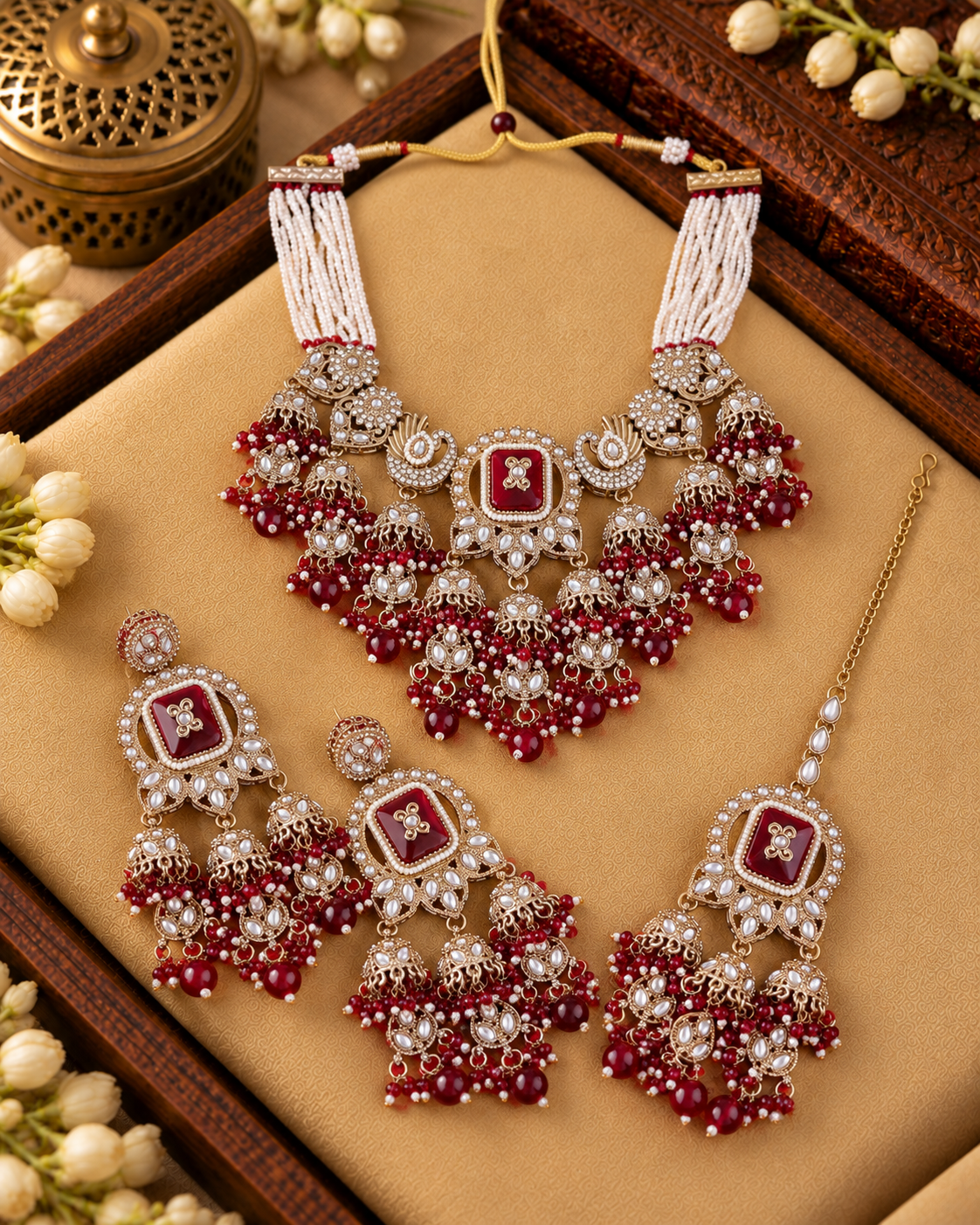 Maroon Ruhisha Premium Sabya Inspired Monalisa Necklace Set with Earring & Teeka