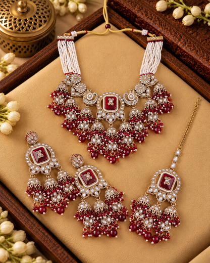 Maroon Ruhisha Premium Sabya Inspired Monalisa Necklace Set with Earring & Teeka