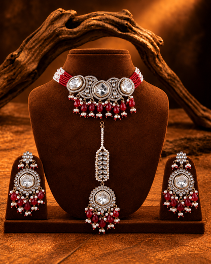 Red Aaradhika Premium Polki Dupe Choker Necklace With Earring & Teeka
