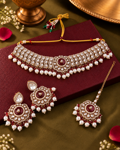 Maroon Saadika Premium Sabya Inspired Monalisa Necklace Set with Earring & Teeka