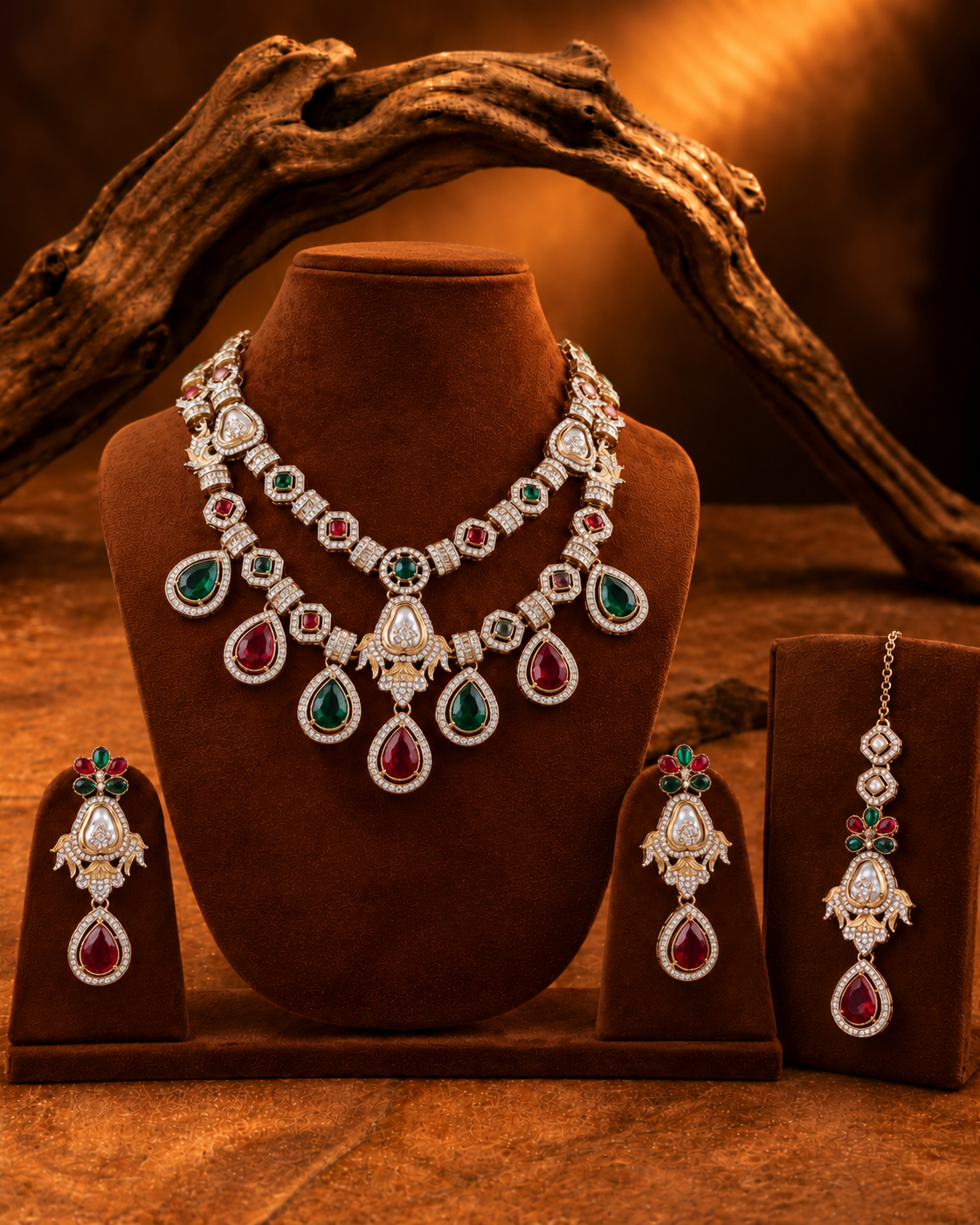 Red Green Amrita Premium Sabya Inspired Necklace Set with Earring & Teeka