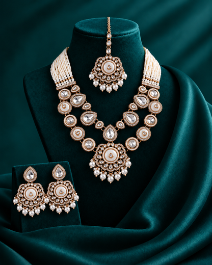 Ivory Aaralika Premium Sabya Inspired Monalisa Necklace Set with Earring & Teeka