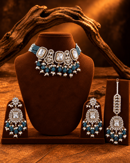 Teal Blue Vrishtika Premium Polki Dupe Choker Necklace With Earring & Teeka