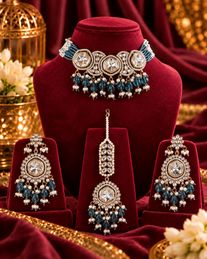 Teal Blue Aaradhika Premium Polki Dupe Choker Necklace With Earring & Teeka