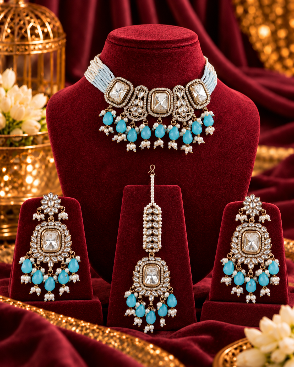 Turquoise Vrishtika Premium Polki Dupe Choker Necklace With Earring & Teeka