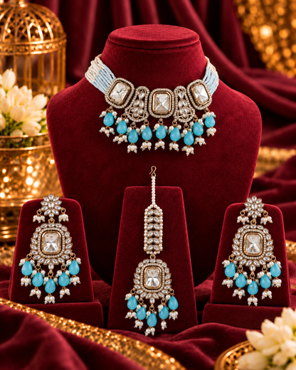 Turquoise Vrishtika Premium Polki Dupe Choker Necklace With Earring & Teeka