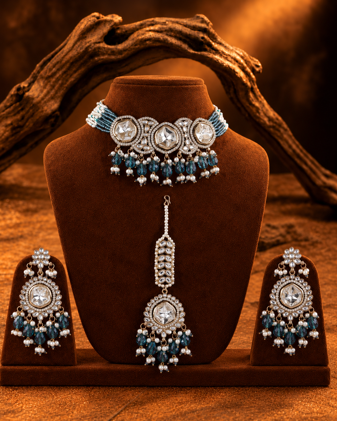 Teal Blue Aaradhika Premium Polki Dupe Choker Necklace With Earring & Teeka