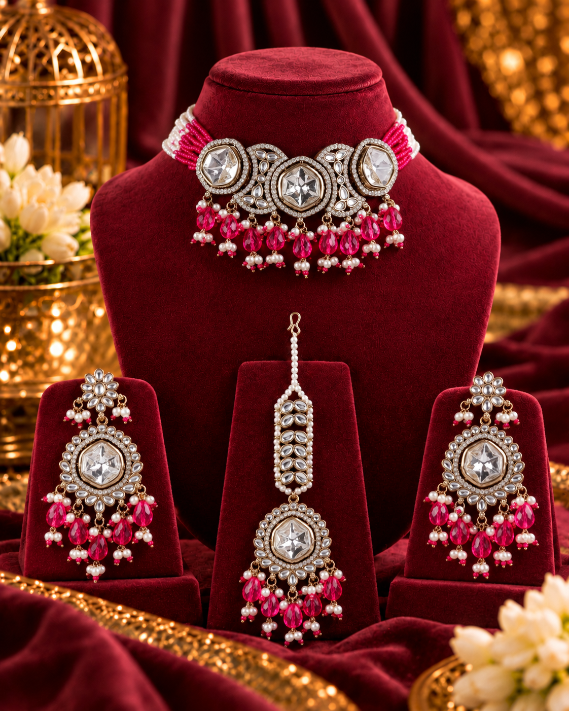 Pink Aaradhika Premium Polki Dupe Choker Necklace With Earring & Teeka