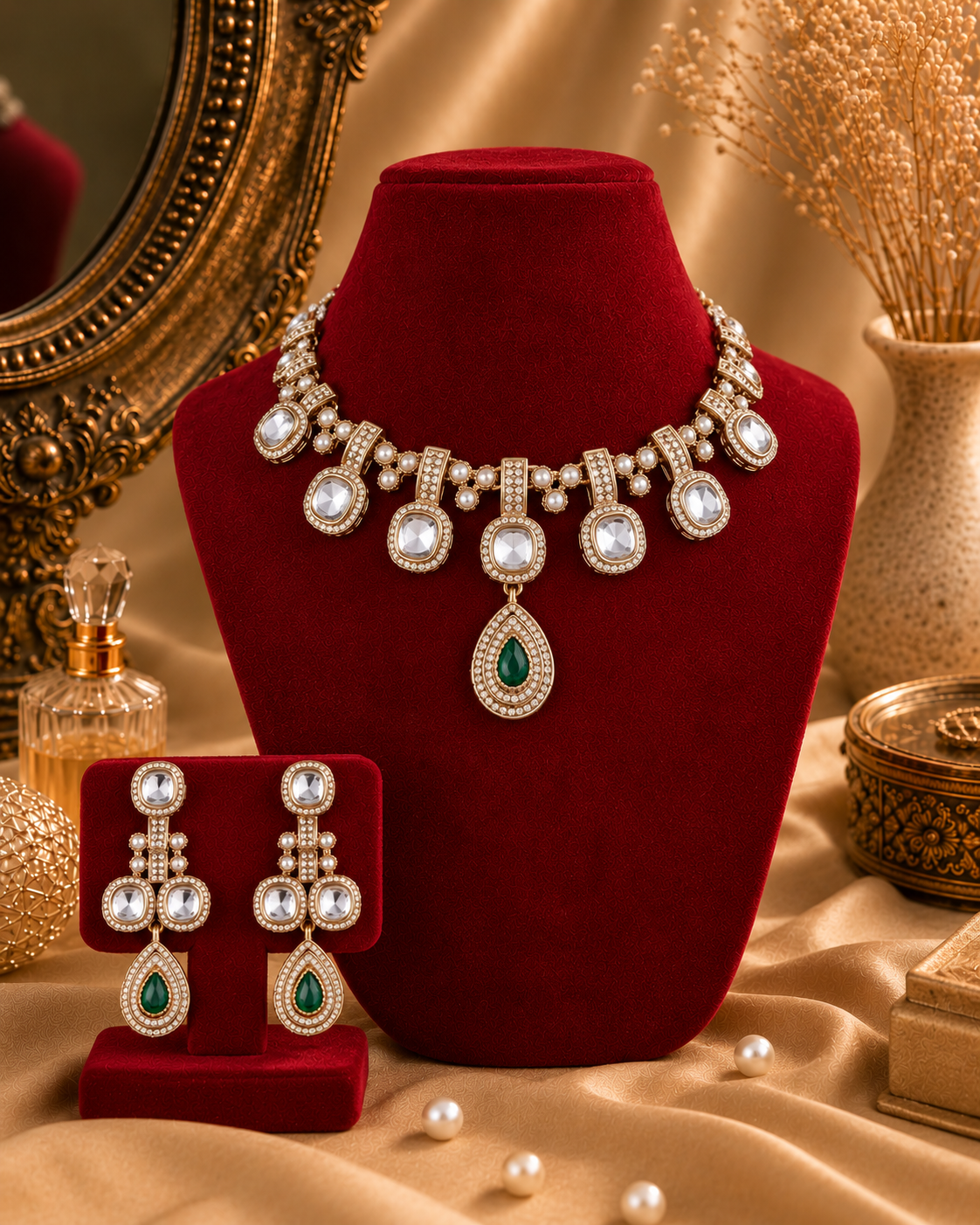 Green Kashvika Polki Dupe Necklace Set with Earring and Teeka