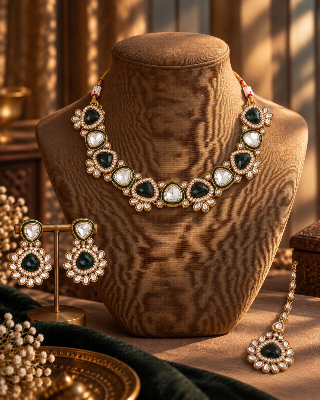 Green Kashvini Premium Polki Dupe Necklace Set With Earring & Teeka