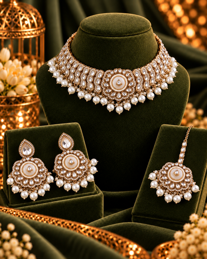 Ivory Saadika Premium Sabya Inspired Monalisa Necklace Set with Earring & Teeka