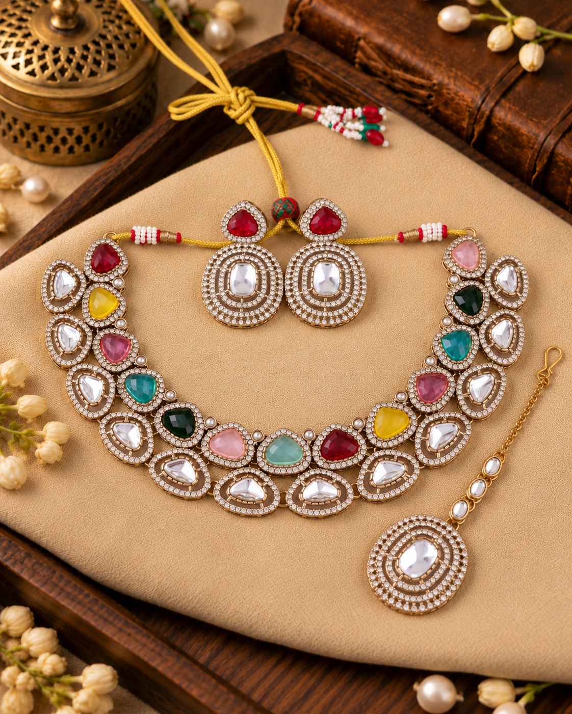 Multi Rajnivanshi Premium Polki Dupe Necklace with Earring and Teeka