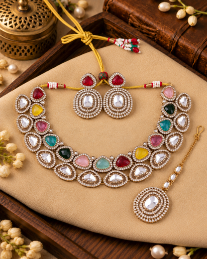 Multi Rajnivanshi Premium Polki Dupe Necklace with Earring and Teeka
