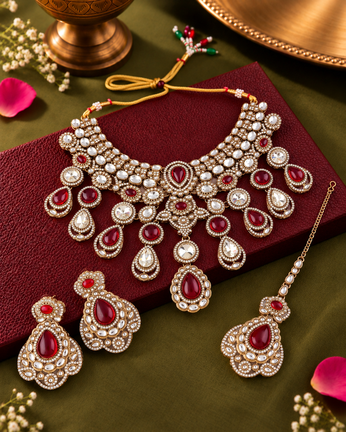 Red Nimishu Premium Polki Dupe Necklace Set with Earring & Mangteeka