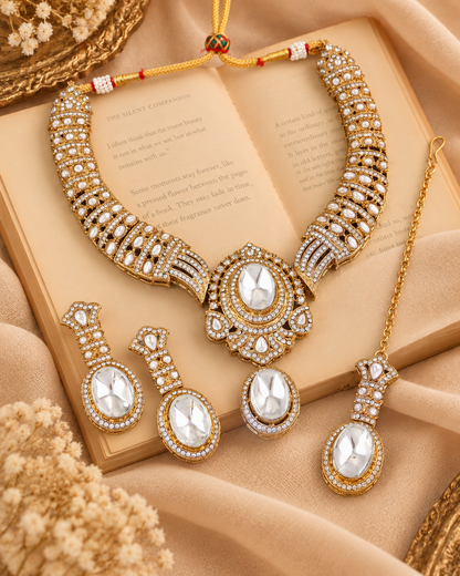 White Saumili Premium Sabya Inspired Necklace Set with Earring & Teeka