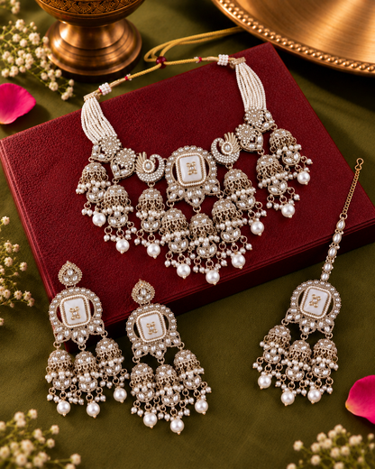 Ivory Ruhisha Premium Sabya Inspired Monalisa Necklace Set with Earring & Teeka