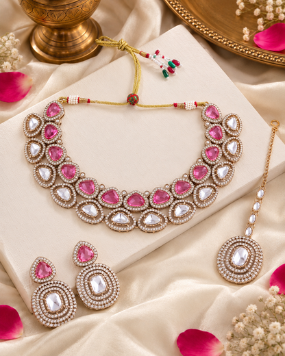 Pink Rajnivanshi Premium Polki Dupe Necklace with Earring and Teeka