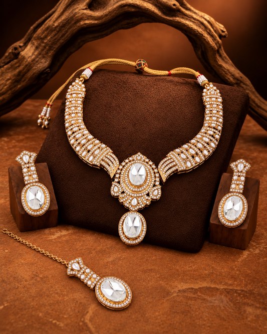 White Saumili Premium Sabya Inspired Necklace Set with Earring & Teeka