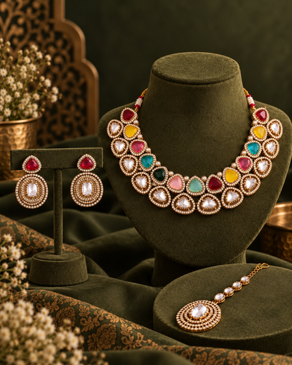 Multi Rajnivanshi Premium Polki Dupe Necklace with Earring and Teeka