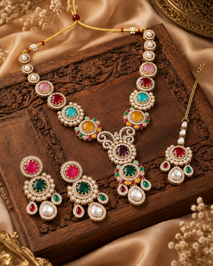 Multi Suvarnika Premium Sabya Inspired Necklace Set with Earring & Teeka