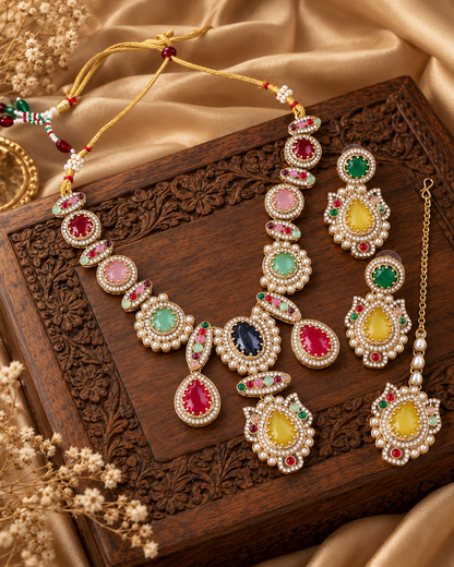 Multi Ratnavali Premium Sabya Inspired Necklace Set with Earring & Teeka