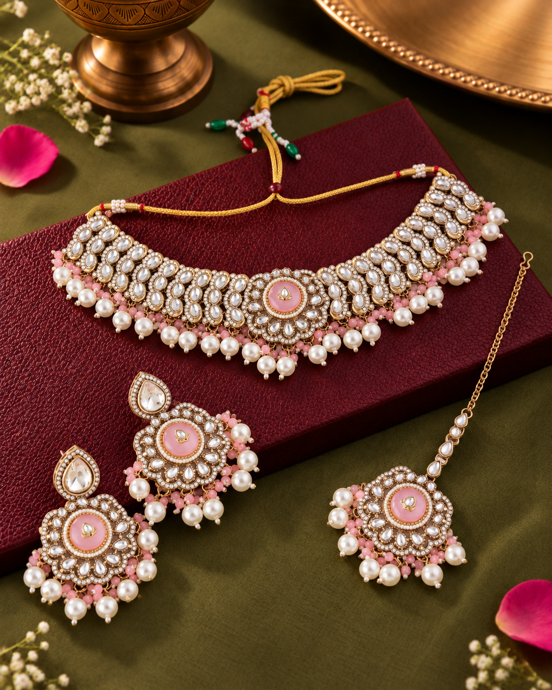Blush Saadika Premium Sabya Inspired Monalisa Necklace Set with Earring & Teeka