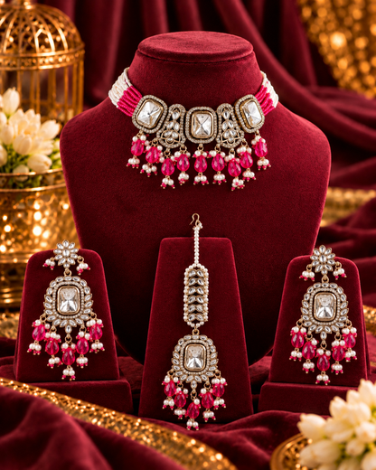 Pink Vrishtika Premium Polki Dupe Choker Necklace With Earring & Teeka