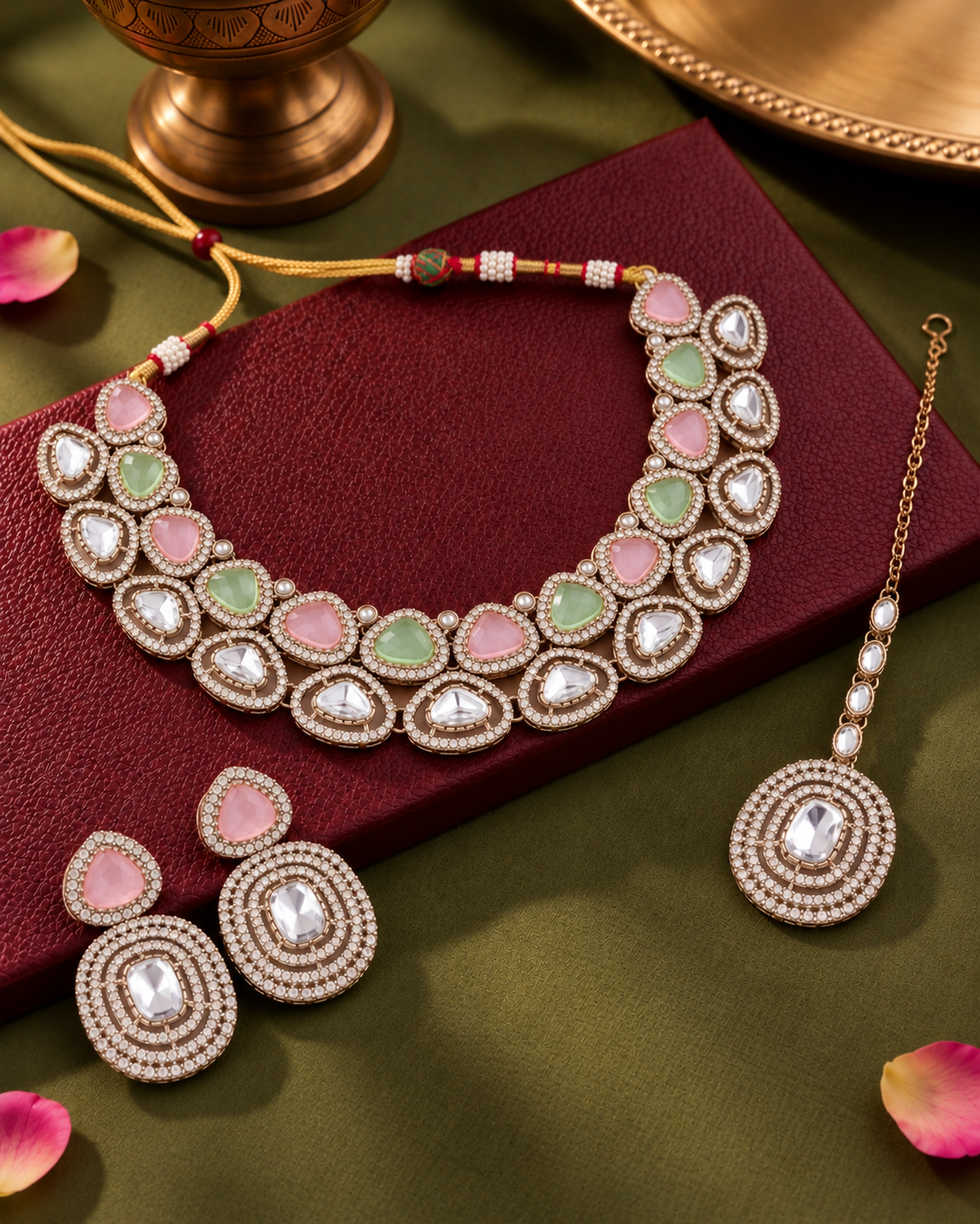 Pastel Rajnivanshi Premium Polki Dupe Necklace with Earring and Teeka