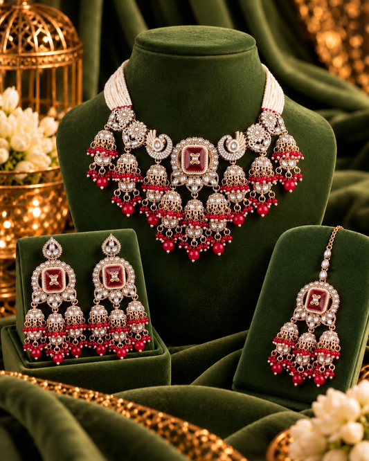 Pink Ruhisha Premium Sabya Inspired Monalisa Necklace Set with Earring & Teeka