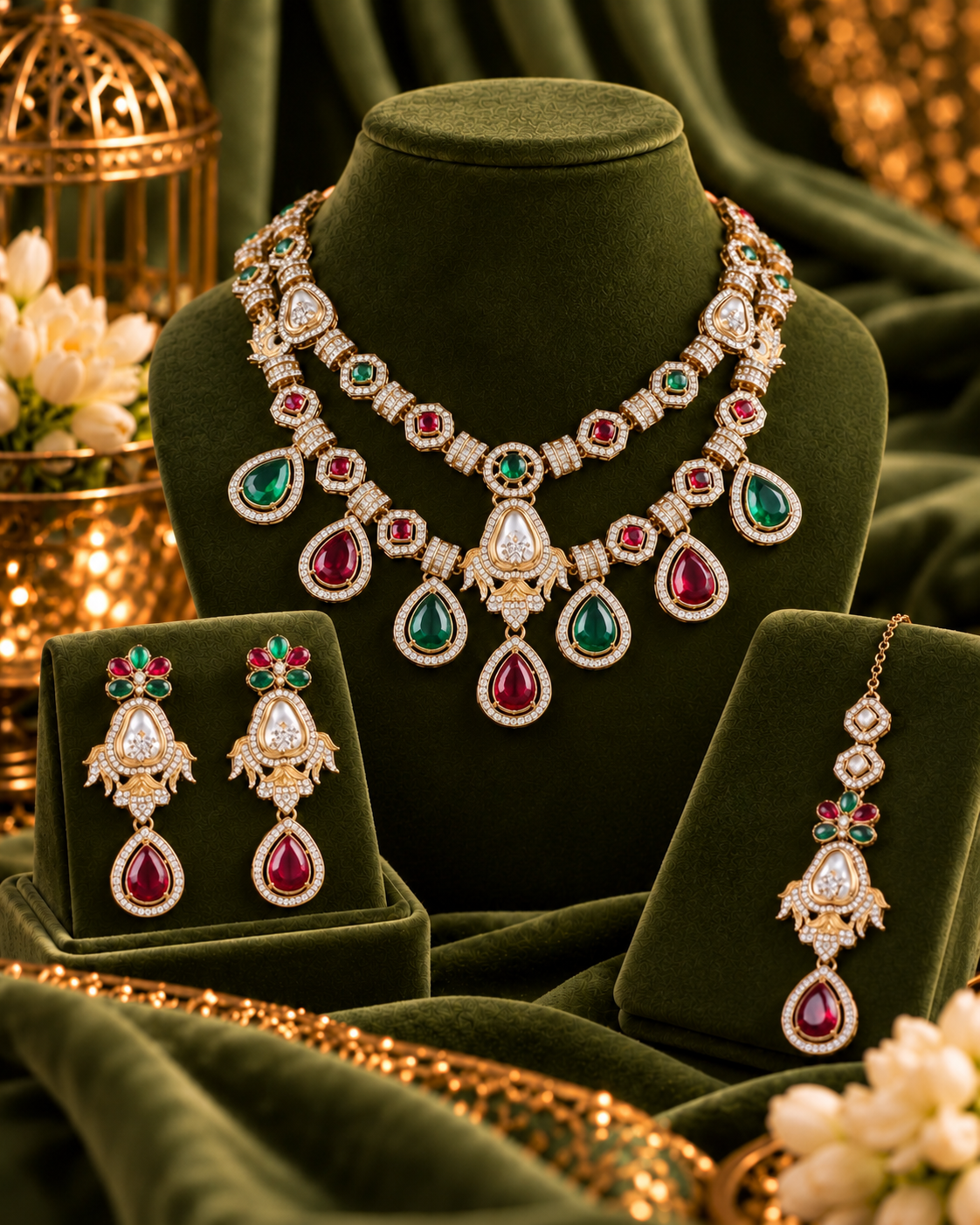 Red Green Amrita Premium Sabya Inspired Necklace Set with Earring & Teeka
