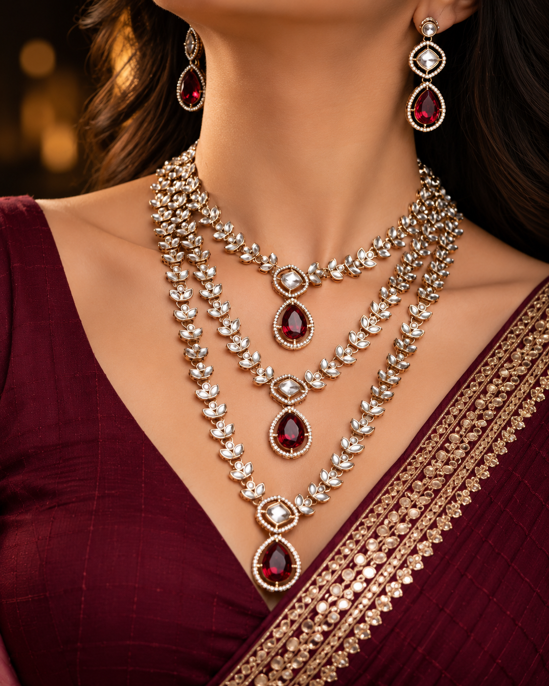 Maroon Nairika Layered Kundan Necklace with Earrings
