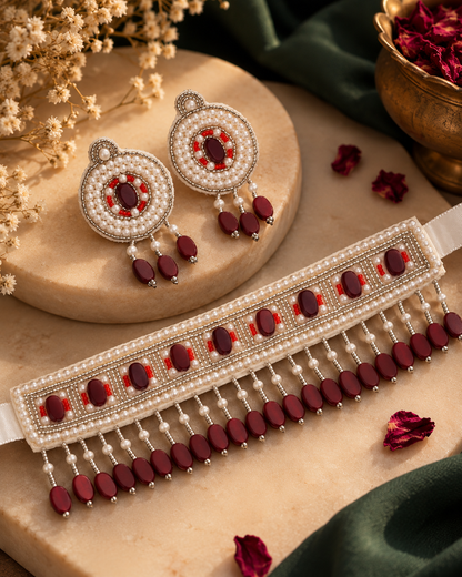 Maroon Tiani Handmade Necklace with Earring