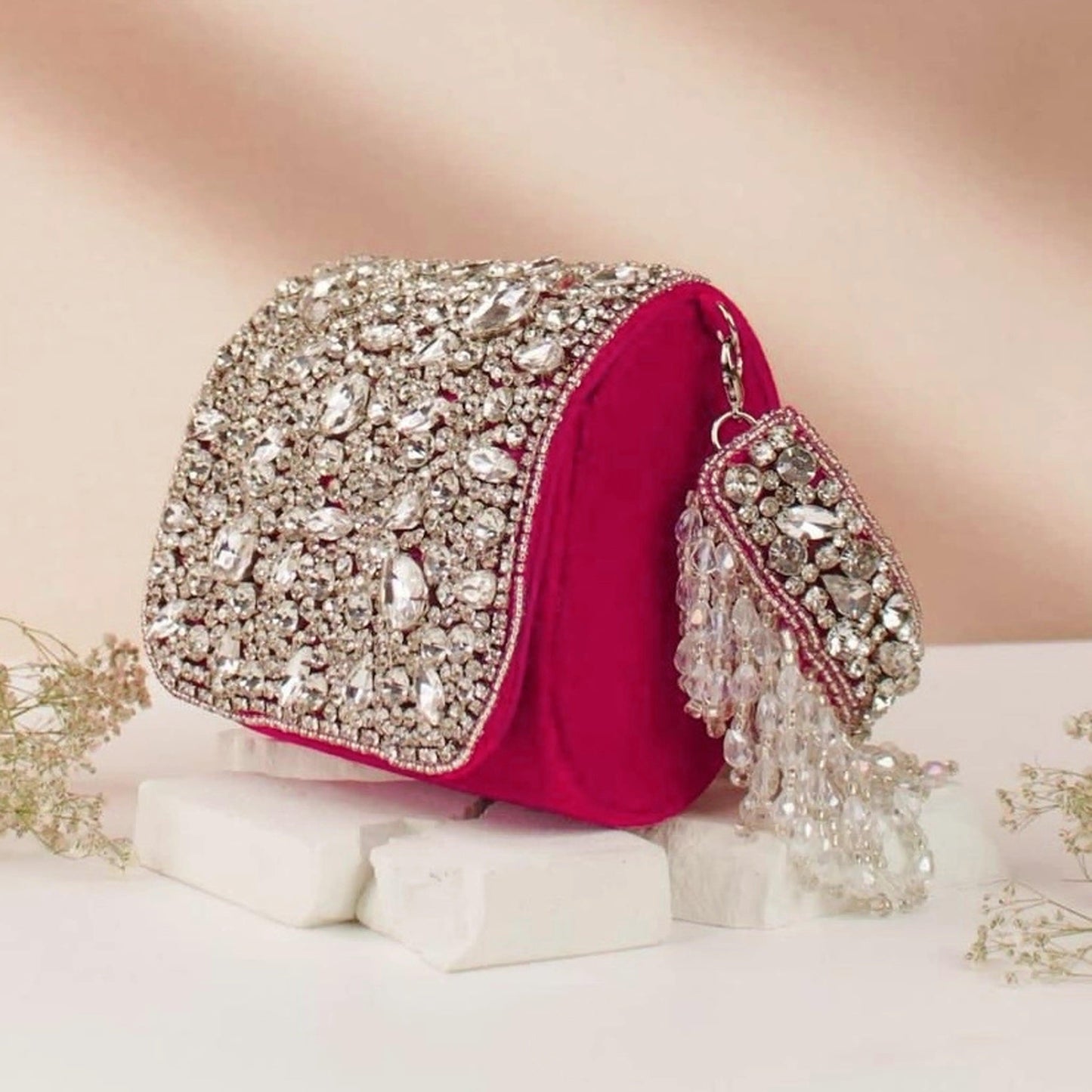 Dark Pink Maria Rhinestone Flap Clutch