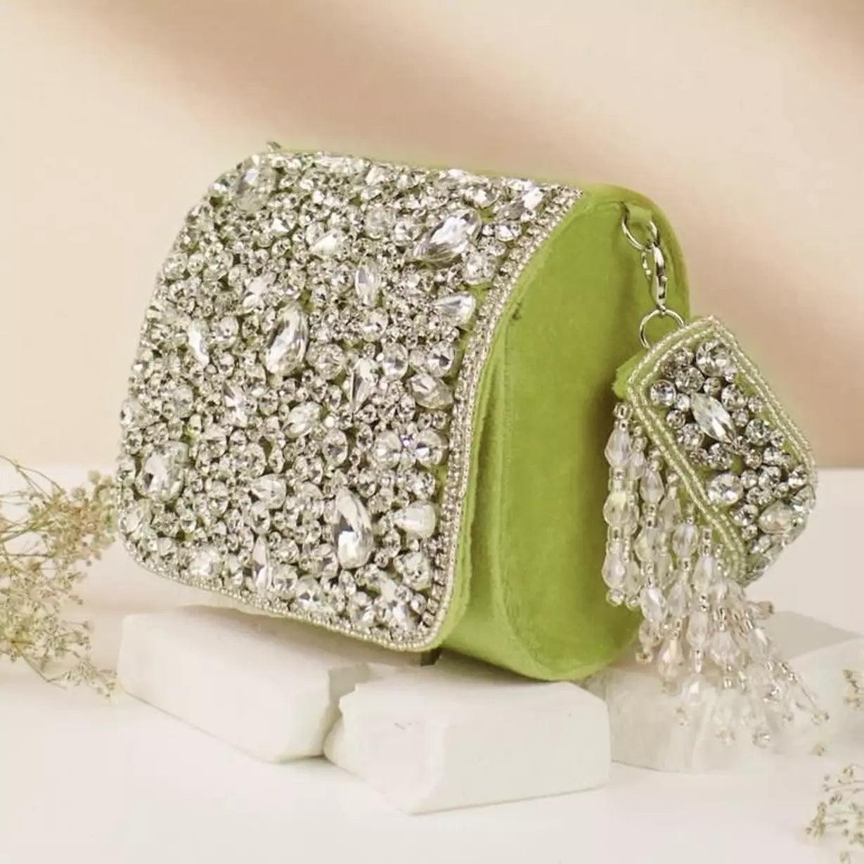 Olive Green Maria Rhinestone Flap Clutch - Pre Order