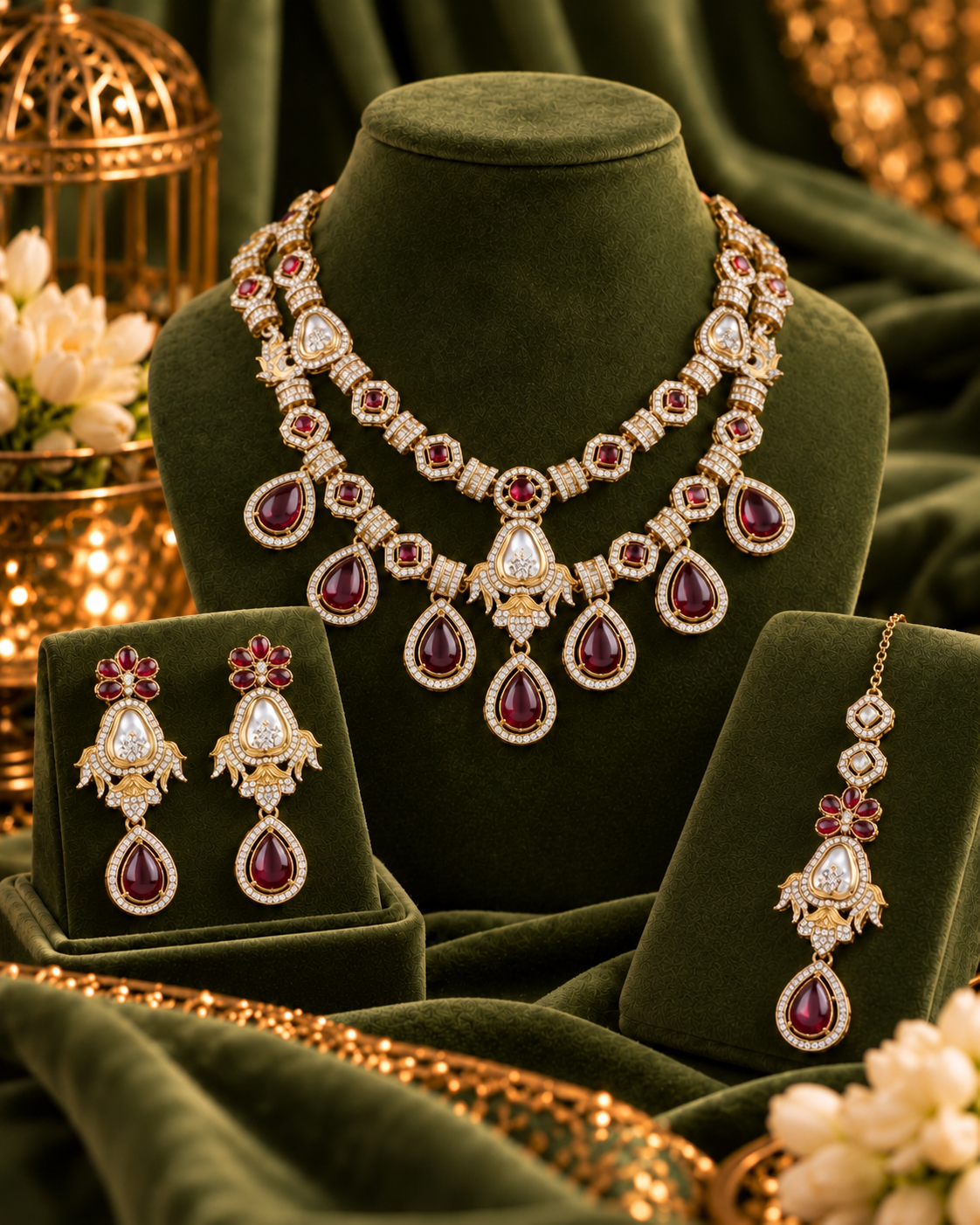 Maroon Amrita Premium Sabya Inspired Necklace Set with Earring & Teeka