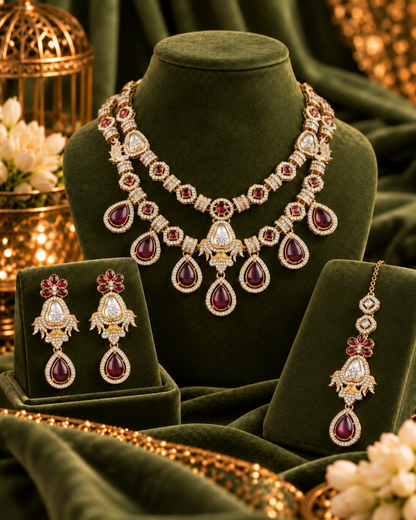 Maroon Amrita Premium Sabya Inspired Necklace Set with Earring & Teeka